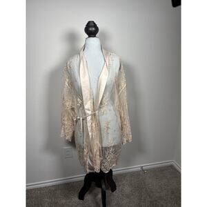 Rya Collection Beige Long Sleeve Open Silk and Embroidered Lace Robe 3XL
